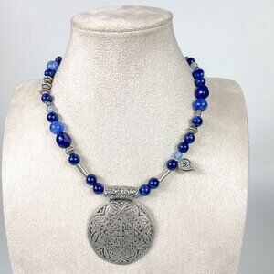 Chicos Blue Sky Beaded Short Necklace Round Silver Ornate Pendant New